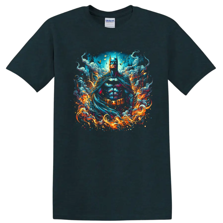 Batman in vibrant comic art with swirling waves, flames, and bat emblem on a Midnight (Green) T Shirt