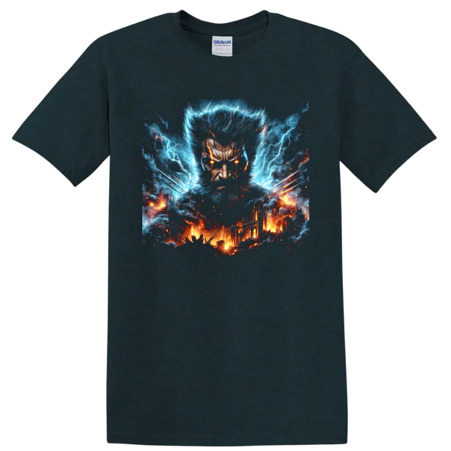 Wolverine portrait with metal claws, blue lightning, and fiery city comic art on a Midnight (Green) T Shirt
