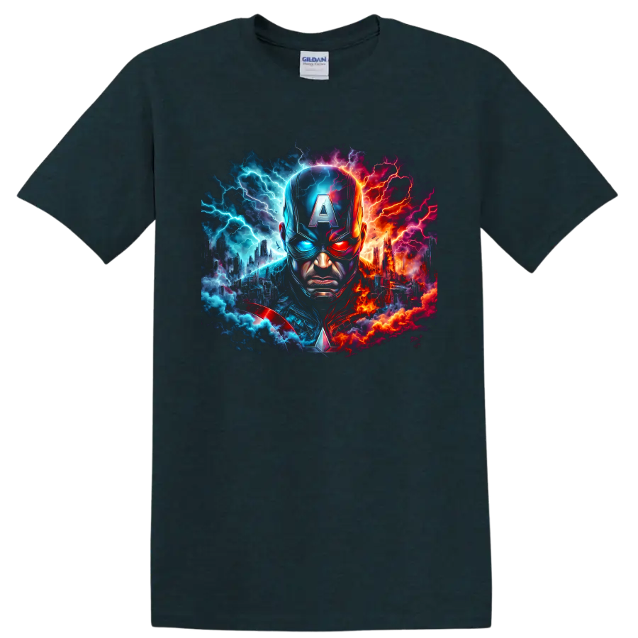 Captain America portrait with split blue and red lightning cityscape graphic on a Midnight (Green) T Shirt