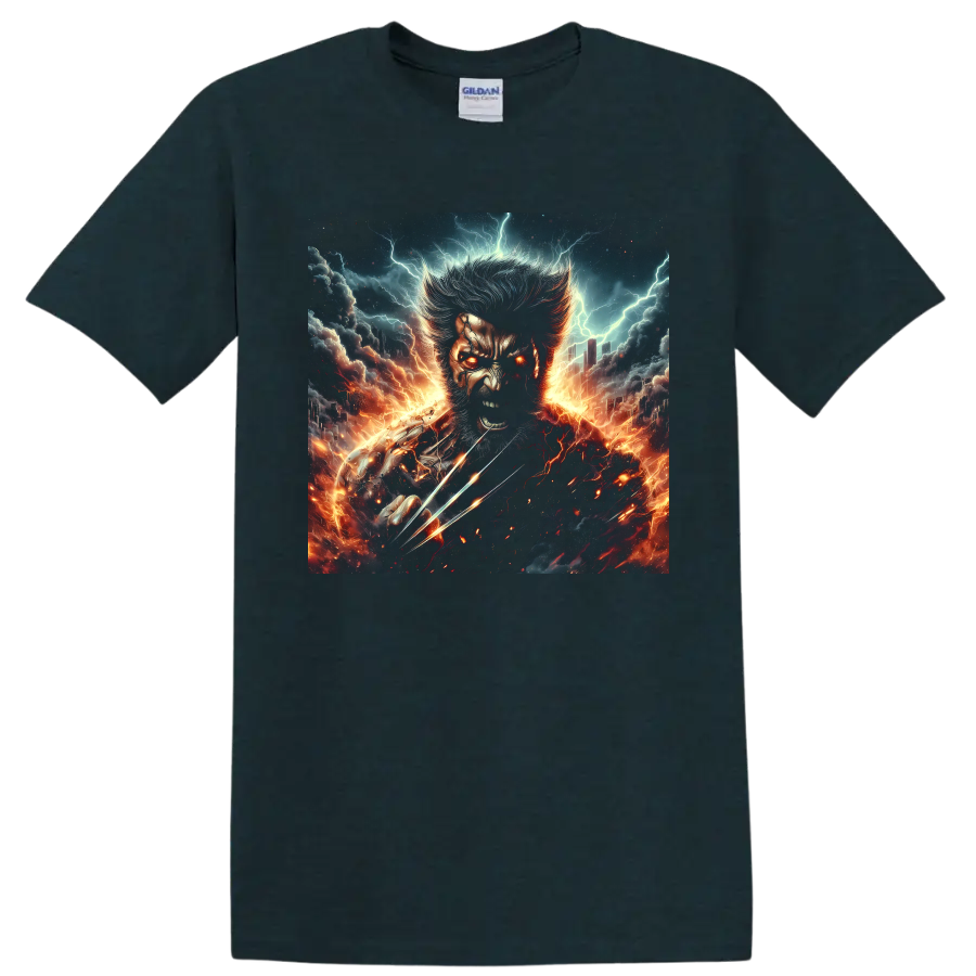 Wolverine revenge portrait with metal claws, lightning, fire, and storm artwork on a Midnight (Green) T Shirt