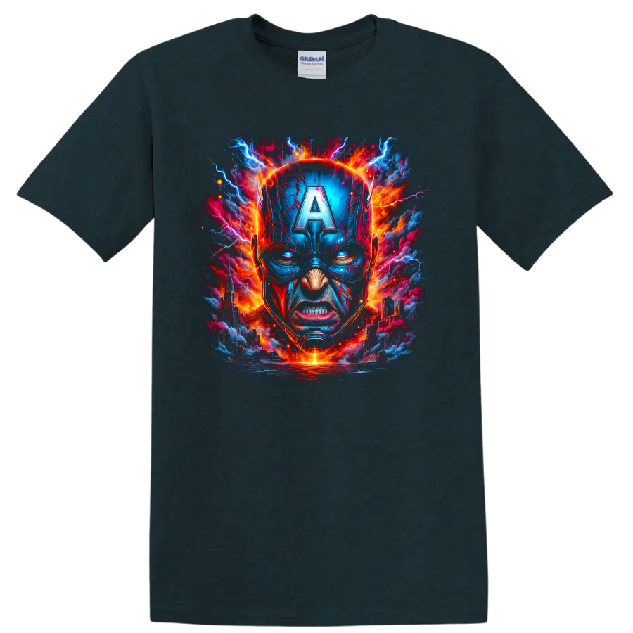 Captain America helmet portrait with electric lightning and fiery cityscape graphic art on a Midnight (Green) T Shirt