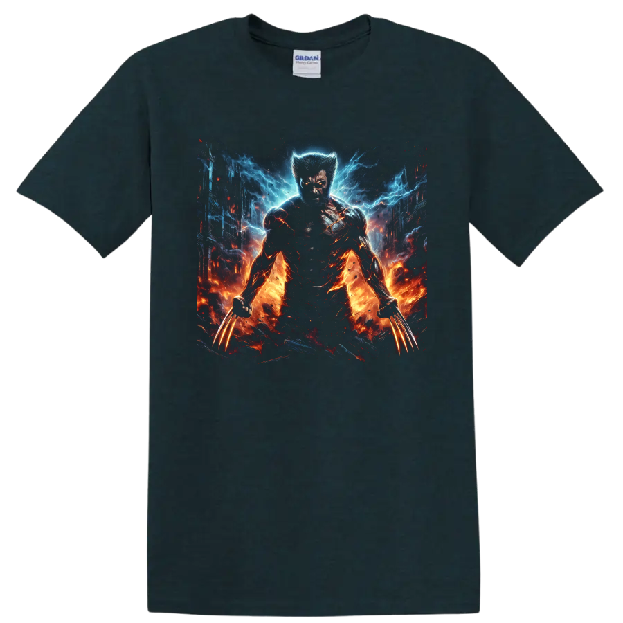 Wolverine comic-style hero with glowing claws, blue lightning, fire, and city backdrop on a Midnight (Green) T Shirt
