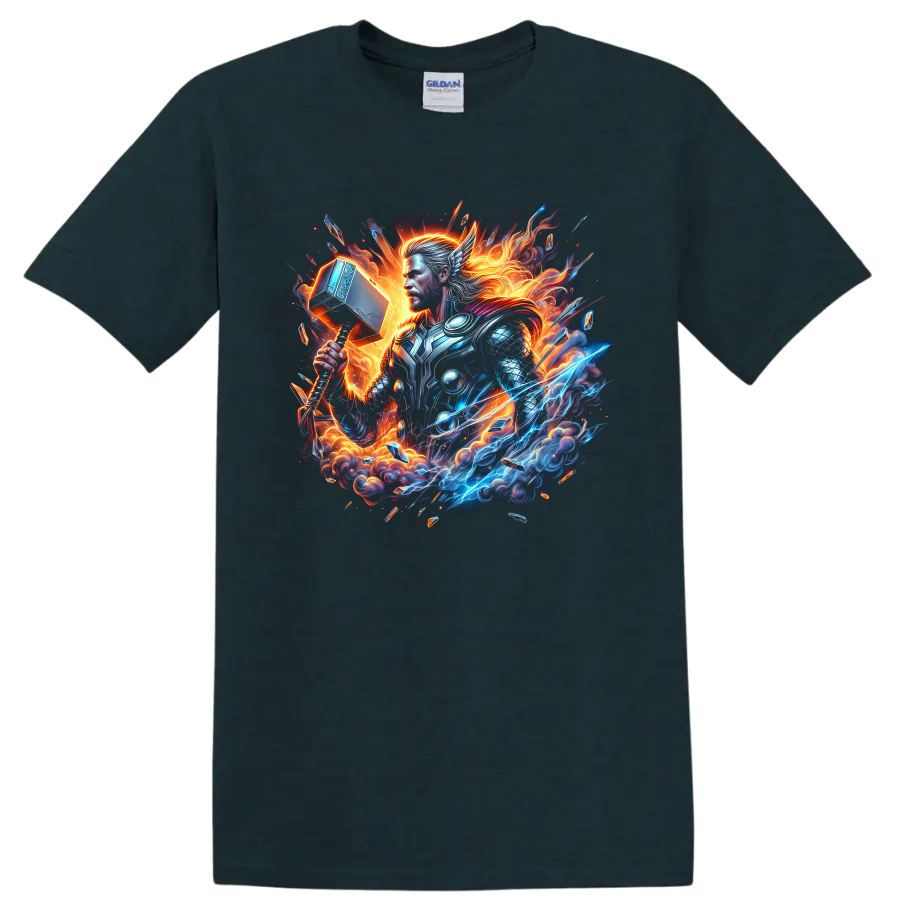 Thor armored hammer warrior in electric lightning and fiery fantasy graphic art on a Midnight (Green) T Shirt