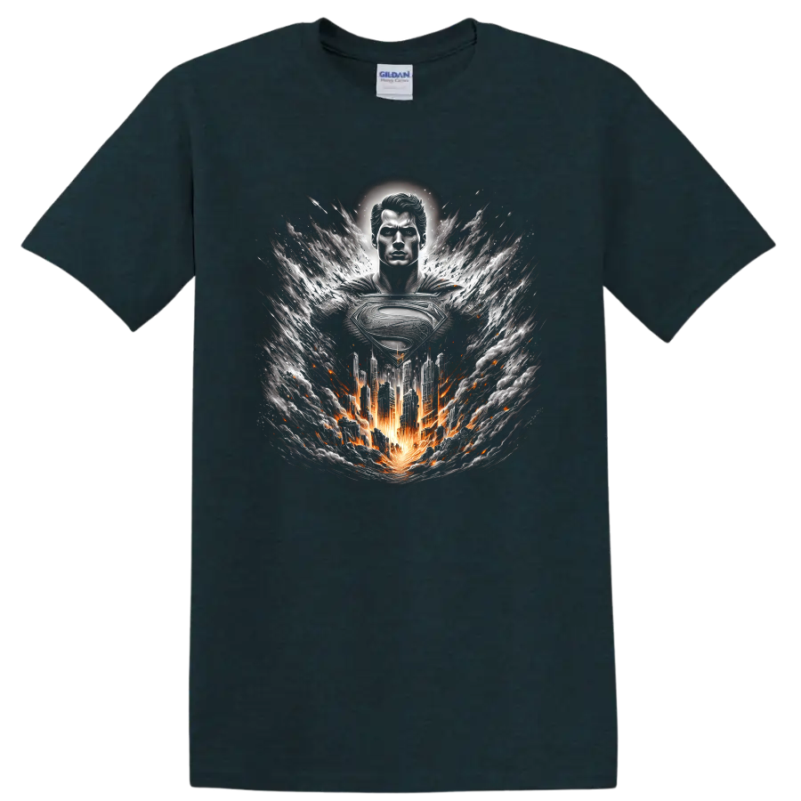 Superman with metallic emblem, fiery city, and swirling storm graphic art on a Midnight (Green) T Shirt