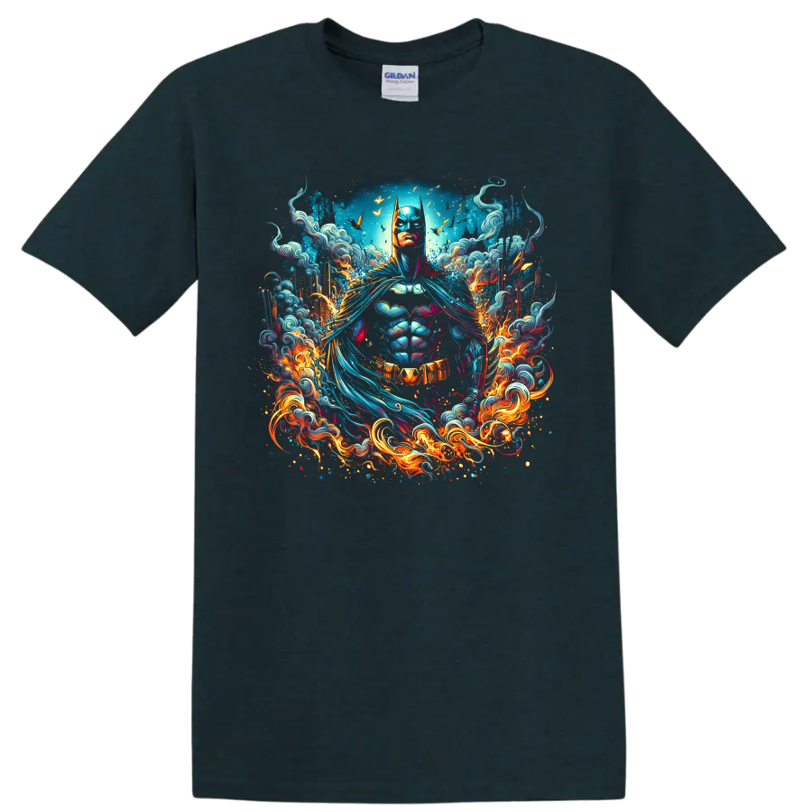 Batman neon comic art portrait with swirling blue waves, bats, and fiery flames on a Midnight (Green) T Shirt
