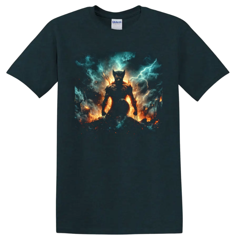 Wolverine clawed superhero in fiery storm battle graphic on a Midnight (Green) T Shirt