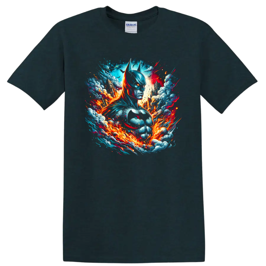 Batman comic art portrait with teal armor, fiery energy, clouds, and sparks on a Midnight (Green) T Shirt