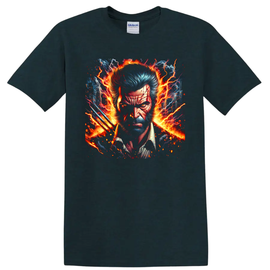 Wolverine portrait with claws, fiery lightning, and city comic art on a Midnight (Green) T Shirt