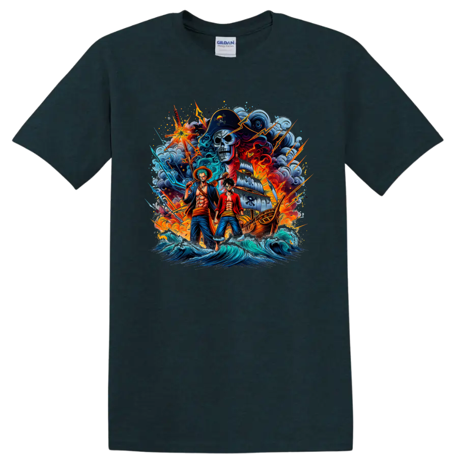One Piece Luffy, Zoro, and Brook pirate ship adventure graphic print on a Midnight (Green) T Shirt