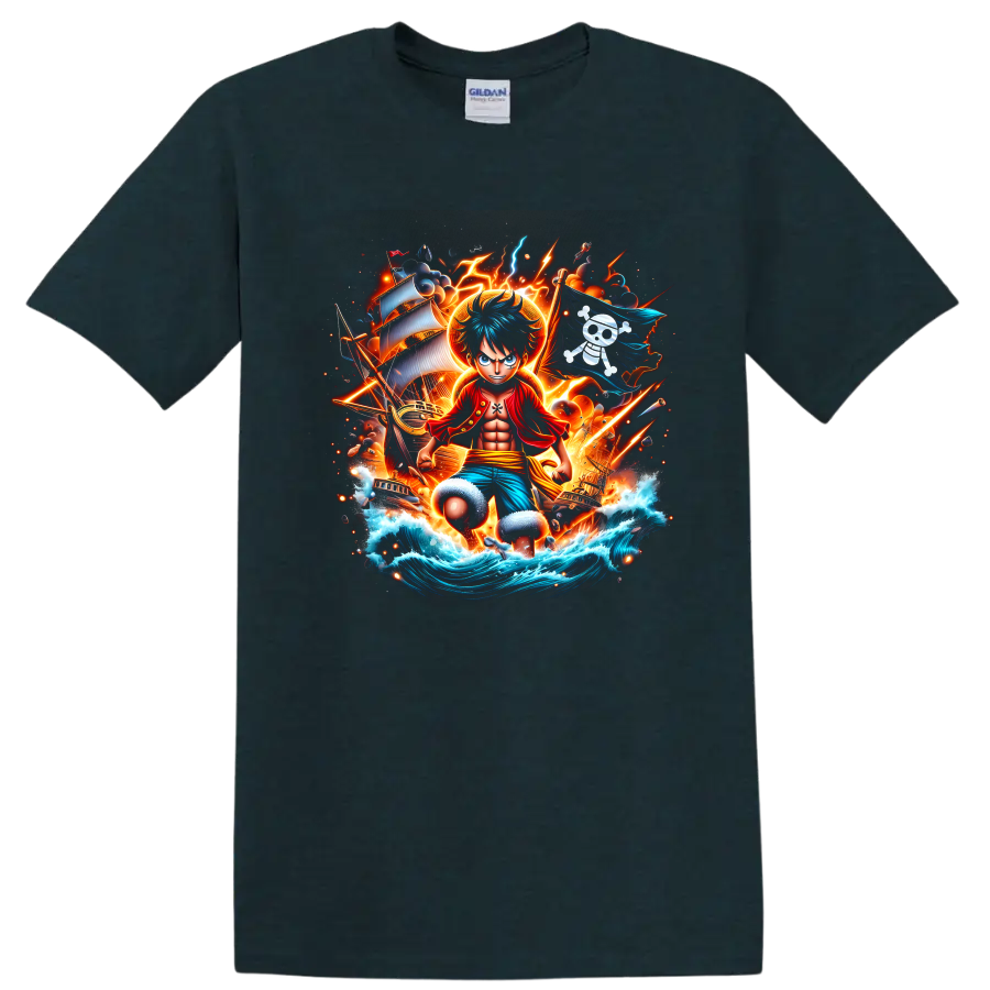 Monkey D. Luffy pirate adventure graphic with ships, lightning, waves, and pirate flag on a Midnight (Green) T Shirt