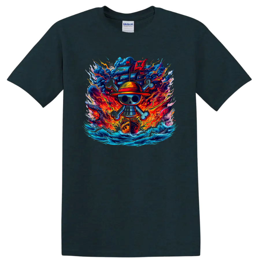 One Piece Straw Hat Pirates skull emblem with fiery ship, storm clouds, and ocean waves on a Midnight (Green) T Shirt
