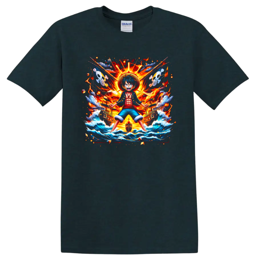 Monkey D. Luffy anime action art with pirate ships, ocean waves, lightning, and sunburst on a Midnight (Green) T Shirt