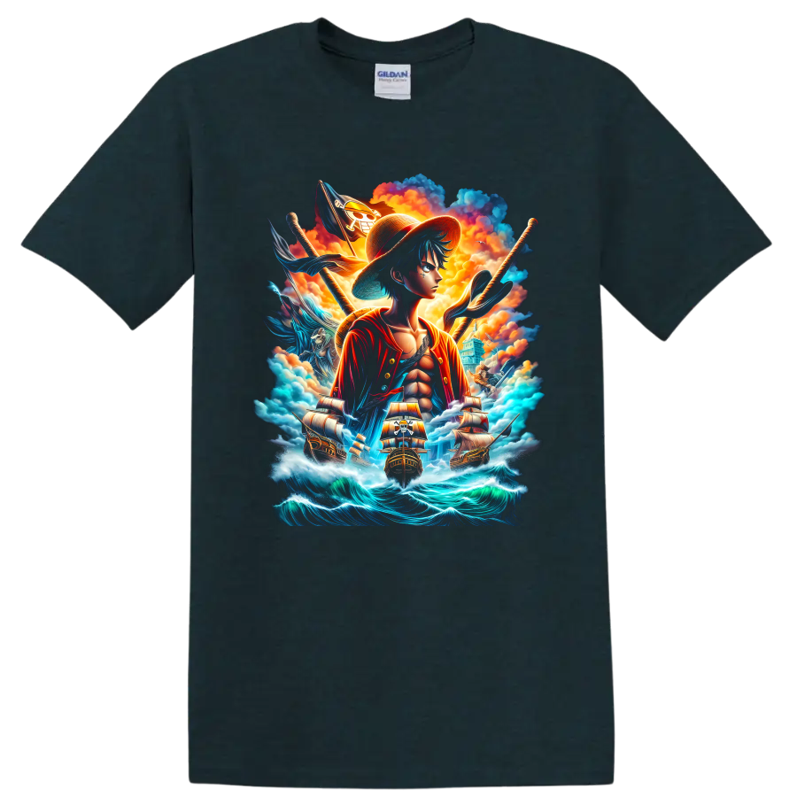 Monkey D. Luffy anime pirate artwork with ships, skull flag, clouds, and ocean waves on a Midnight (Green) T Shirt