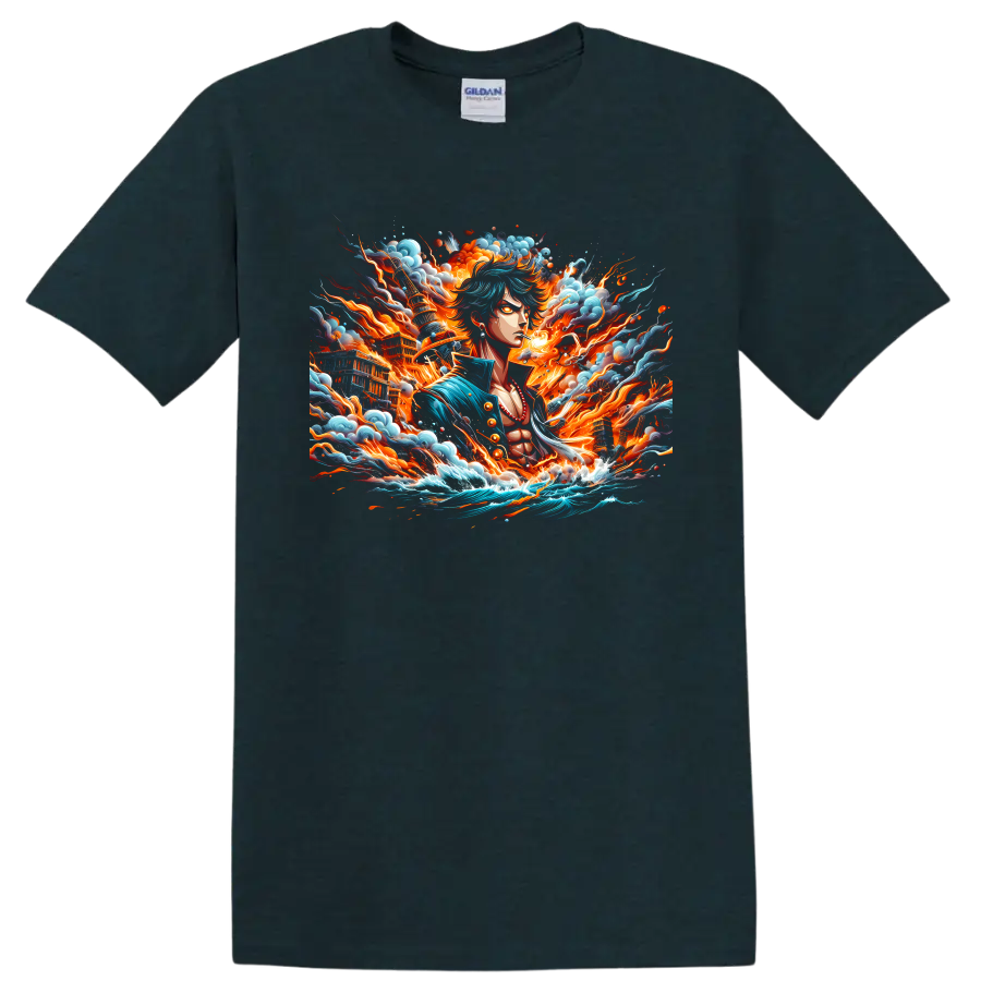Monkey D. Luffy Gear 5 anime art with fiery energy, clouds, and crashing waves on a Midnight (Green) T Shirt