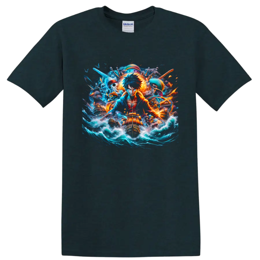 Monkey D. Luffy anime pirate adventure graphic with ships, waves, and glowing effects on a Midnight (Green) T Shirt