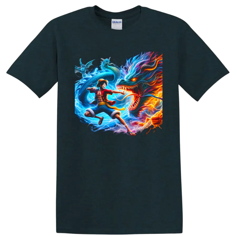 Monkey D. Luffy versus Kaido dragon battle in vivid One Piece anime art on a Midnight (Green) T Shirt