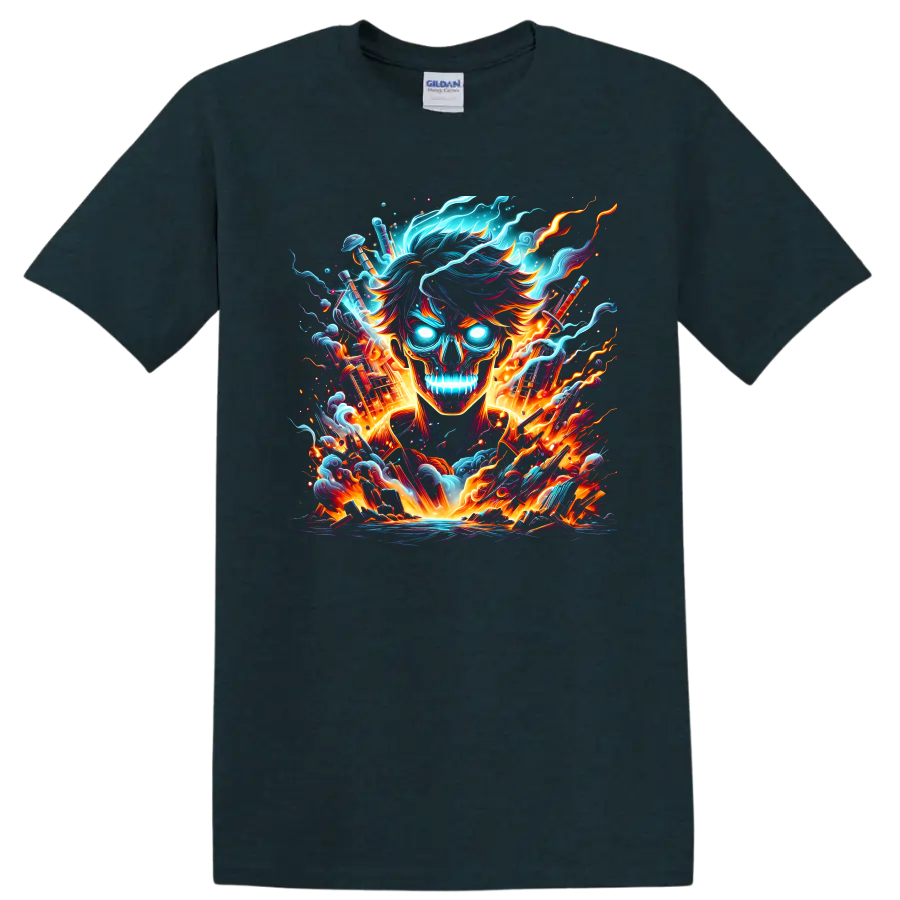 Satoru Gojo flaming skull with neon energy, crossed swords, smoke, and anime fire on a Midnight (Green) T Shirt