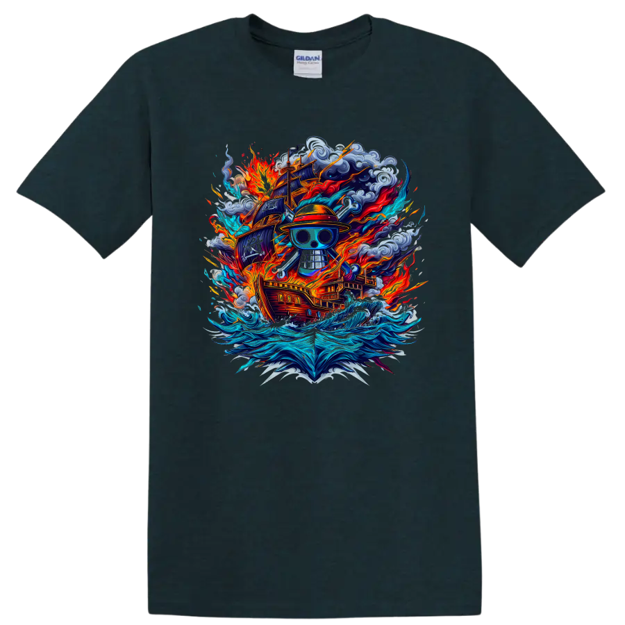 One Piece Straw Hat Pirates skull with fiery ship, storm clouds, and ocean waves on a Midnight (Green) T Shirt