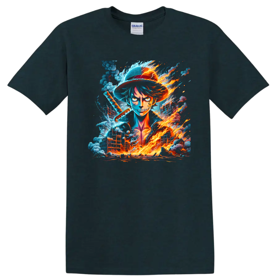 Monkey D. Luffy in a fiery blue anime warrior graphic with straw hat and sword on a Midnight (Green) T Shirt