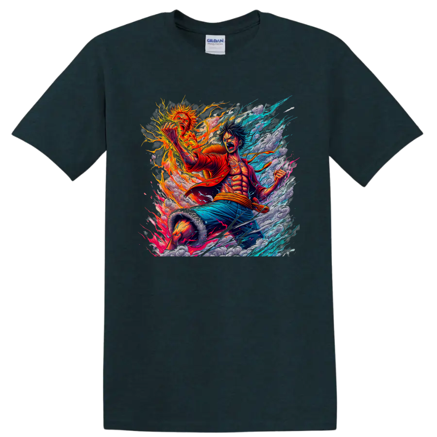 Monkey D. Luffy fiery One Piece anime action graphic with blue energy streaks on a Midnight (Green) T Shirt