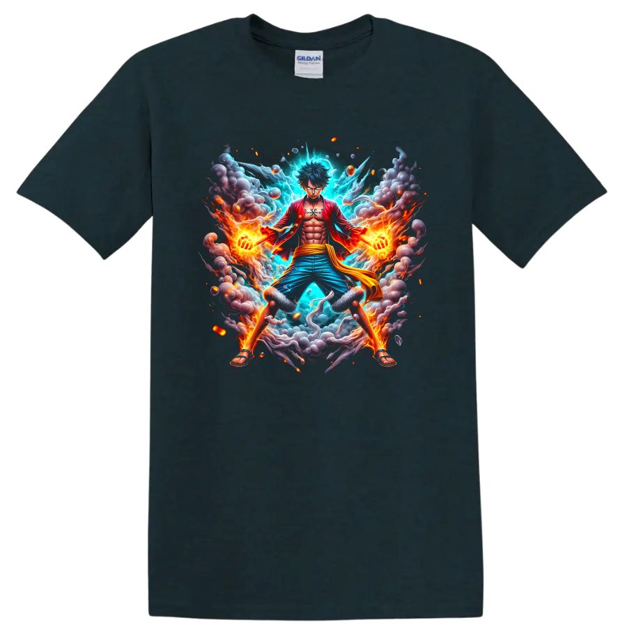 Monkey D. Luffy Gear 5 anime action graphic with fire, lightning, smoke, and sparks on a Midnight (Green) T Shirt