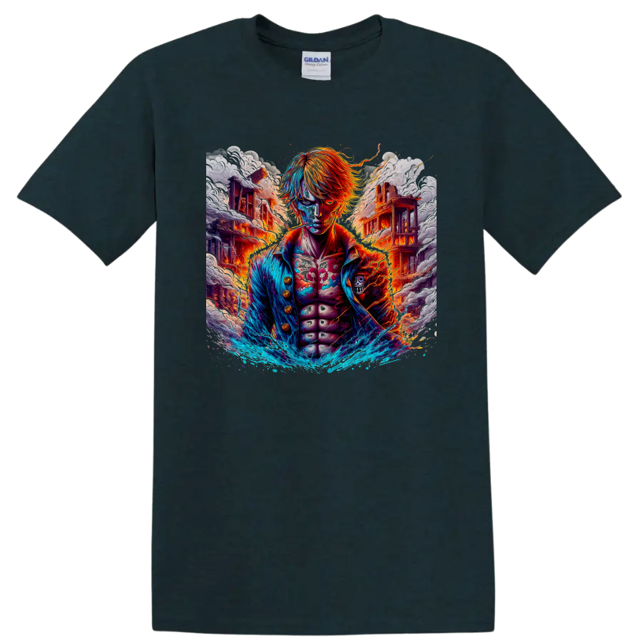 Sanji One Piece anime battle graphic with fire, blue water waves, and ruined buildings on a Midnight (Green) T Shirt