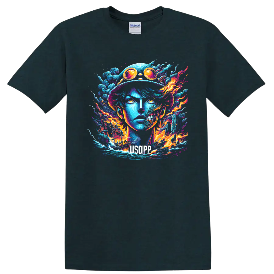 Usopp neon pirate portrait with goggles, skull effect, waves, ship, and flames on a Midnight (Green) T Shirt