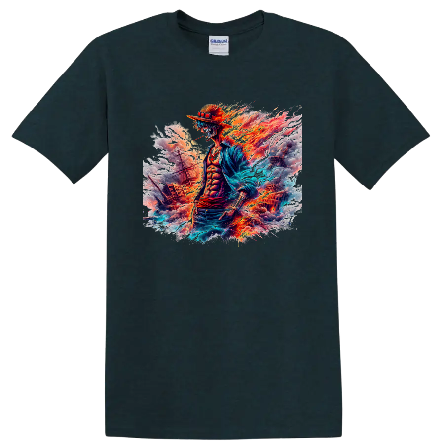Portgas D. Ace fire pirate battle graphic with ships, flames, and ocean energy on a Midnight (Green) T Shirt