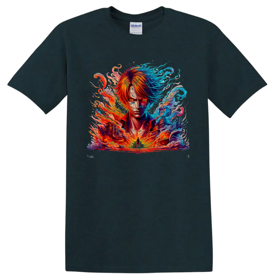 Shanks anime portrait with fire, waves, and vivid blue and orange energy on a Midnight (Green) T Shirt