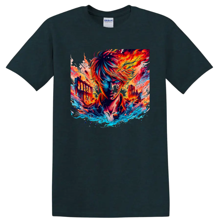 Sanji One Piece fiery anime warrior with flames, waves, and ruined city art on a Midnight (Green) T Shirt