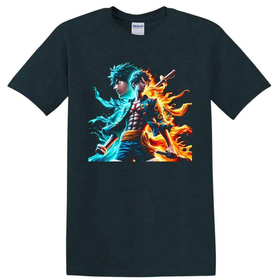 Monkey D. Luffy and Portgas D. Ace anime warrior art with cyan energy and flames on a Midnight (Green) T Shirt