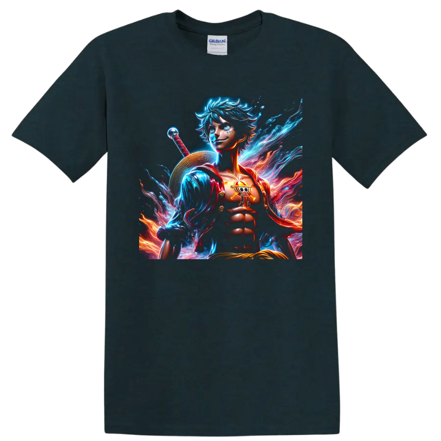 Monkey D. Luffy Gear 5 neon anime pirate warrior with straw hat and energy waves on a Midnight (Green) T Shirt