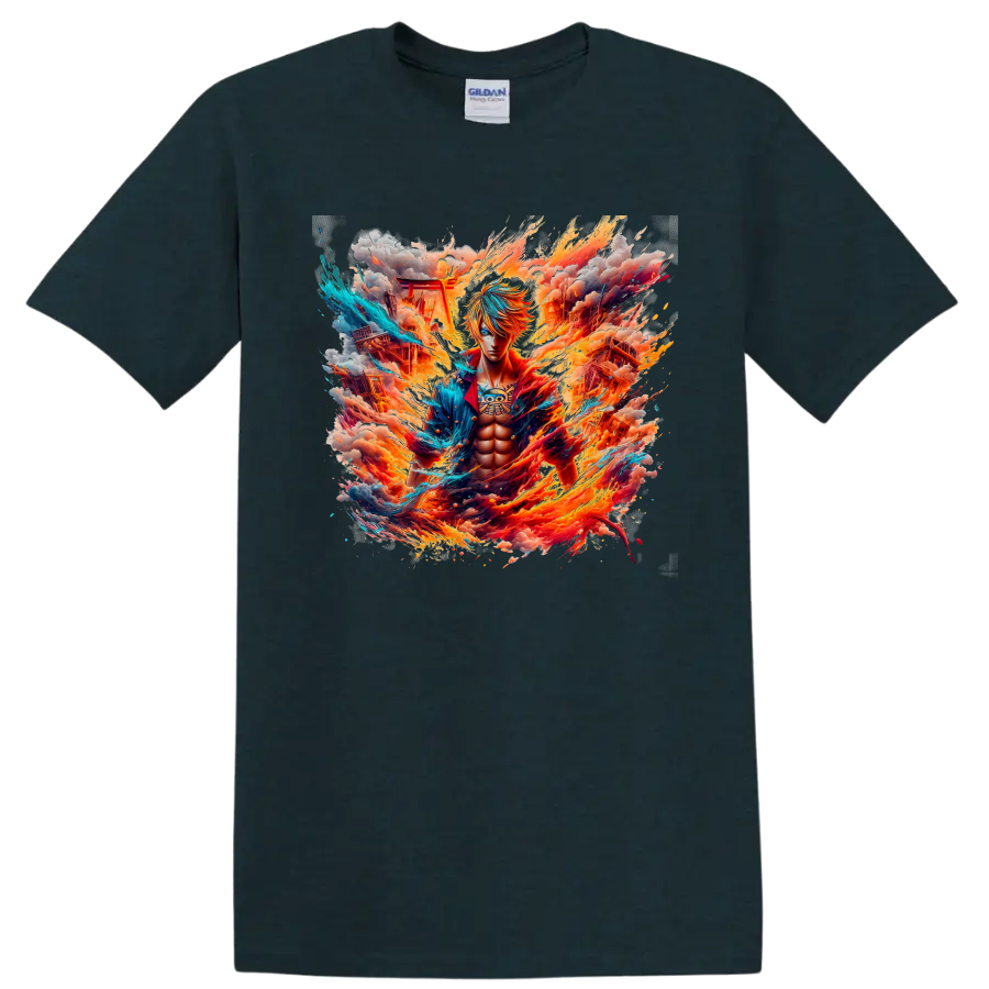 Sanji One Piece anime warrior graphic with flames, blue energy, smoke, and ruins on a Midnight (Green) T Shirt
