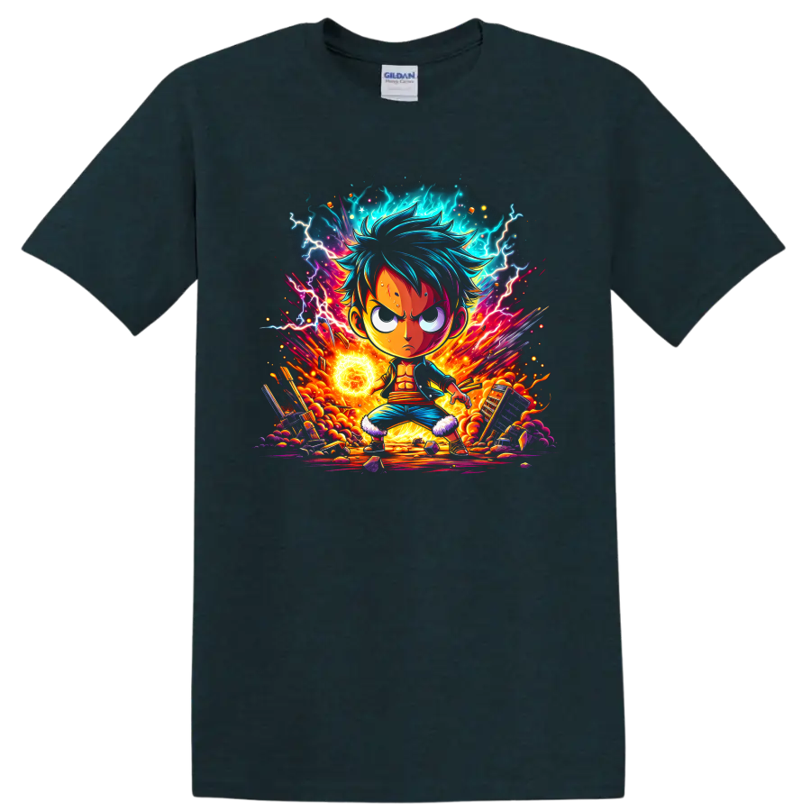 Monkey D. Luffy anime hero graphic with lightning, fire, glowing energy, and rubble on a Midnight (Green) T Shirt