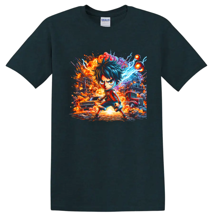 Monkey D. Luffy Gear 5-inspired anime fighter with fiery clouds and blue lightning on a Midnight (Green) T Shirt