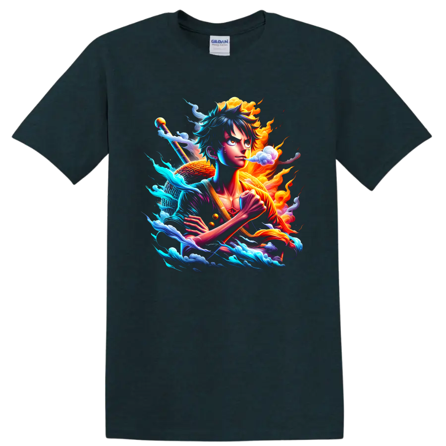 Monkey D. Luffy Gear 5-inspired anime action art with waves, clouds, and flames on a Midnight (Green) T Shirt