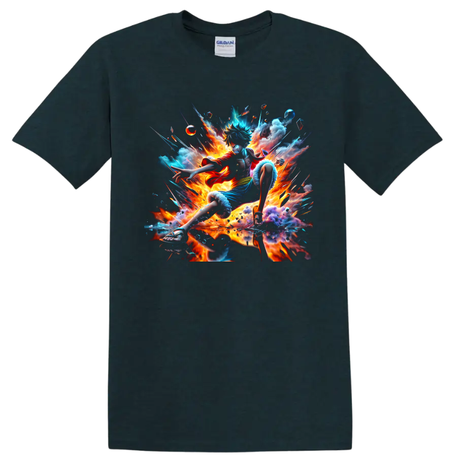 Monkey D. Luffy Gear 5 fiery anime action graphic with clouds and energy bursts on a Midnight (Green) T Shirt