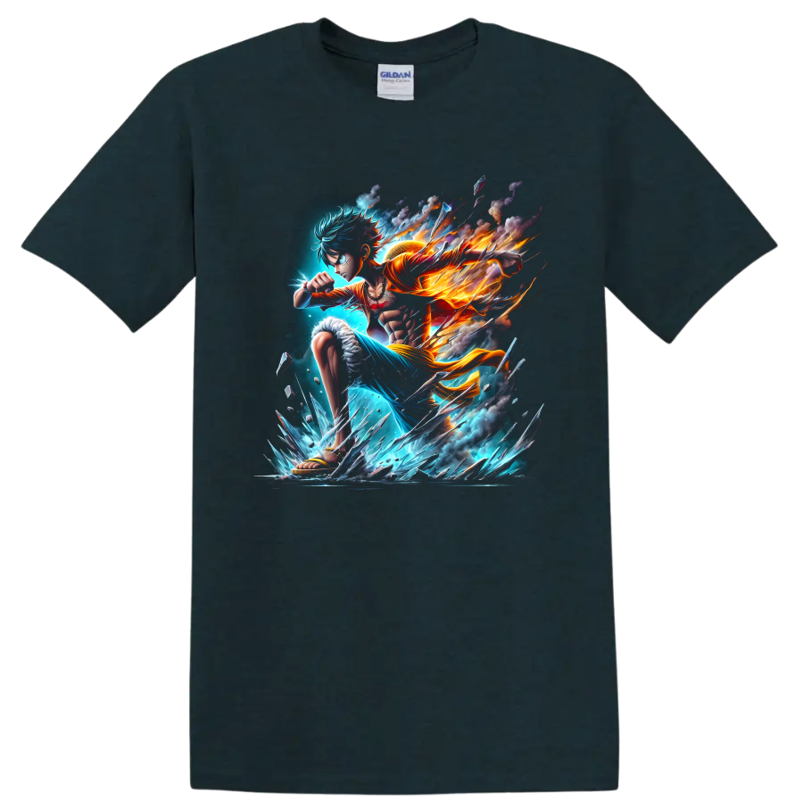 Monkey D. Luffy Gear 5-inspired anime warrior with fire, blue energy, and ice shards on a Midnight (Green) T Shirt
