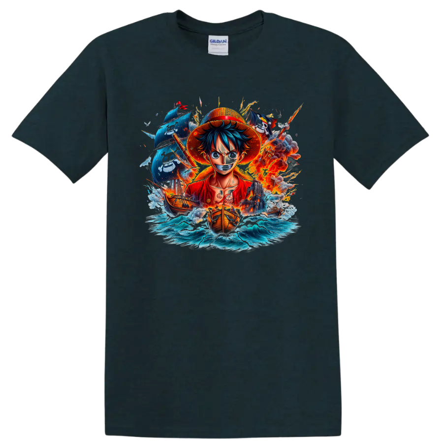 Monkey D. Luffy anime pirate graphic with ships, ocean waves, and fiery action on a Midnight (Green) T Shirt