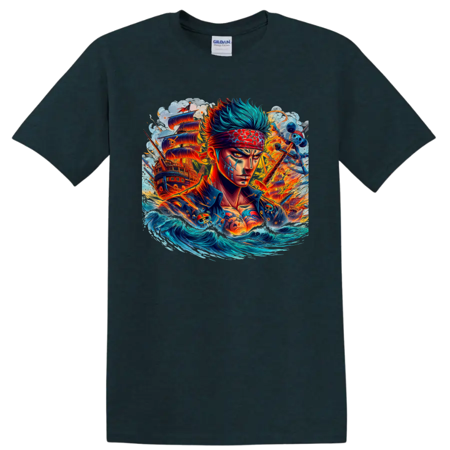 Roronoa Zoro anime pirate portrait with ships, crashing waves, and fiery energy on a Midnight (Green) T Shirt