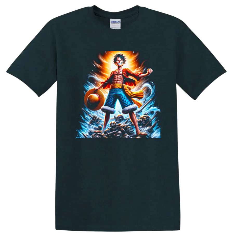 Monkey D. Luffy One Piece pirate battle graphic with waves, straw hat, and glowing aura on a Midnight (Green) T Shirt