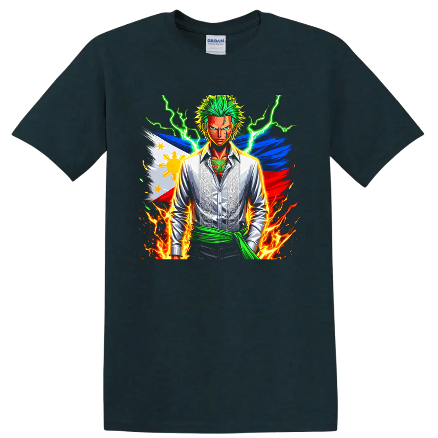 Roronoa Zoro anime graphic with Philippine flag, green lightning, and flames on a Midnight (Green) T Shirt