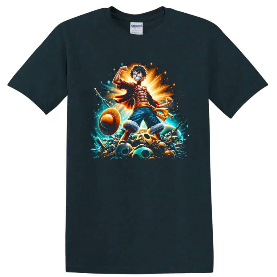 Monkey D. Luffy anime pirate hero graphic with straw hat, swords, skulls, and radiant on a Midnight (Green) T Shirt