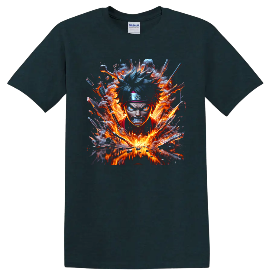 Naruto Uzumaki fiery anime ninja portrait with blue-toned hair and explosive battle art on a Midnight (Green) T Shirt