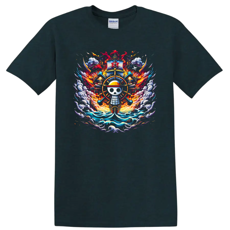 One Piece Straw Hat Pirates skull emblem with ship, waves, and fiery anime art on a Midnight (Green) T Shirt