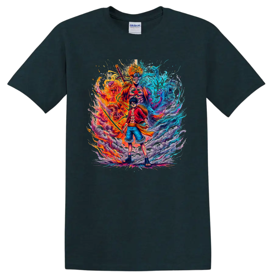 Monkey D. Luffy and Naruto Uzumaki fire and water anime graphic art on a Midnight (Green) T Shirt