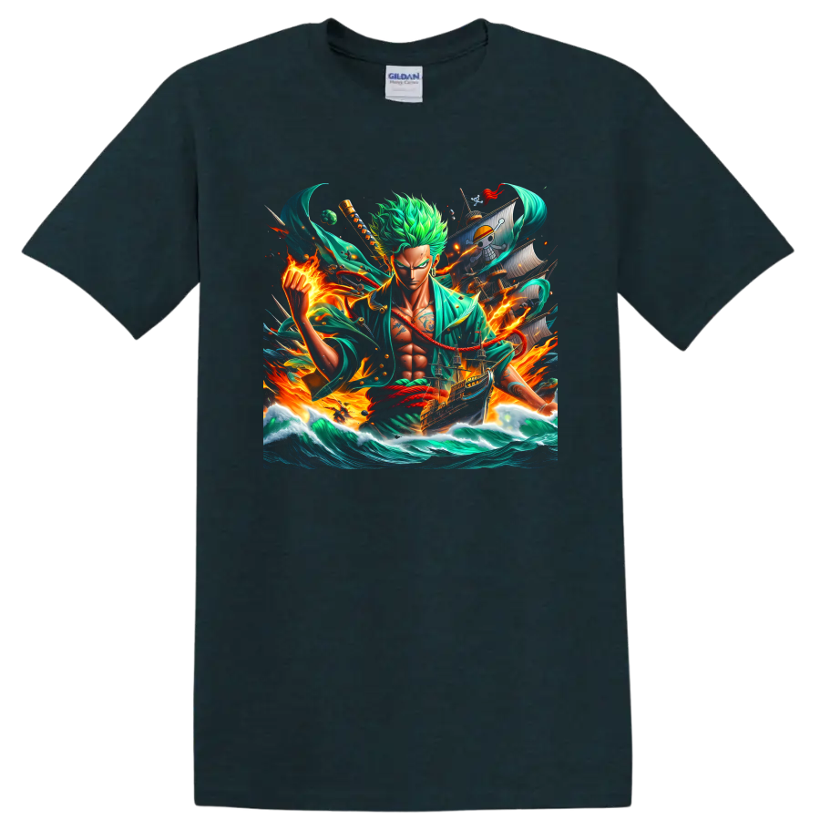 Roronoa Zoro anime swordsman with pirate ship, ocean waves, and fiery energy on a Midnight (Green) T Shirt