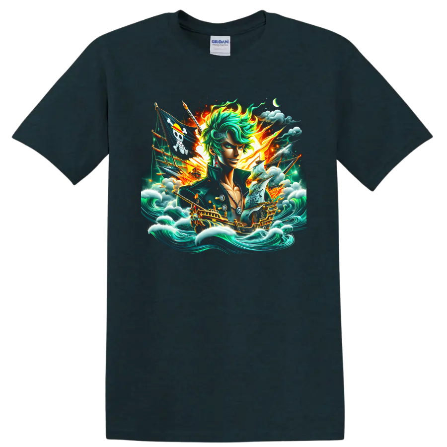 Roronoa Zoro anime fantasy art with pirate ships, ocean waves, clouds, and fiery light on a Midnight (Green) T Shirt