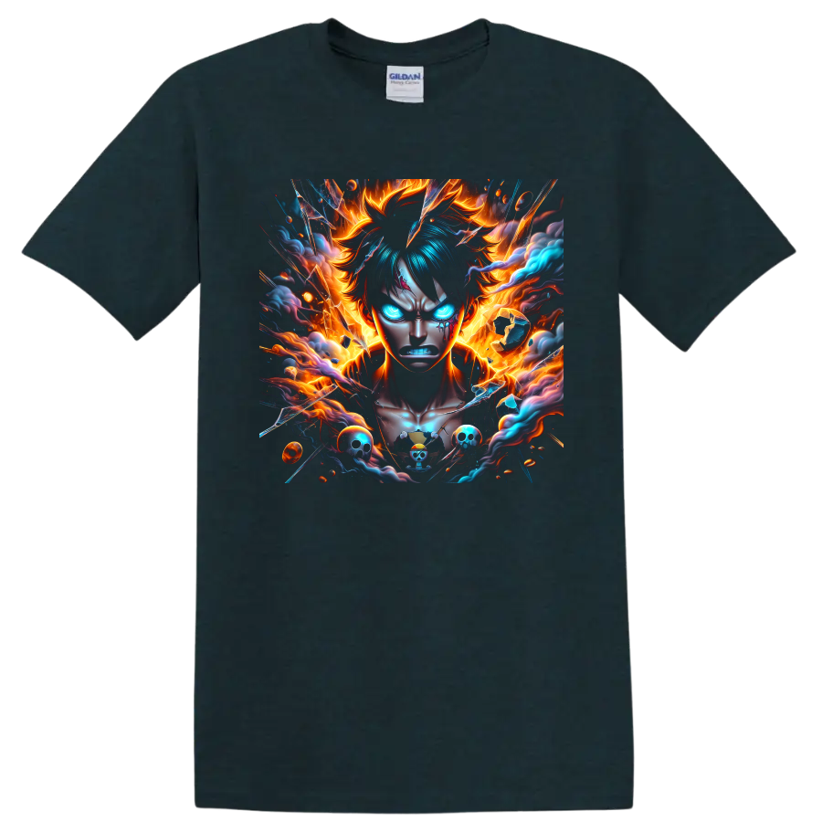 Monkey D. Luffy Gear 5 anime portrait with flames, blue energy, and pirate skulls on a Midnight (Green) T Shirt
