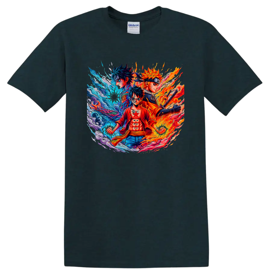 Monkey D. Luffy, Naruto Uzumaki and Sasuke Uchiha in fiery anime energy art on a Midnight (Green) T Shirt